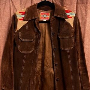 Ms. Pioneer, 70s Brown Leather Jacket with Colorful Embroidered Patterns